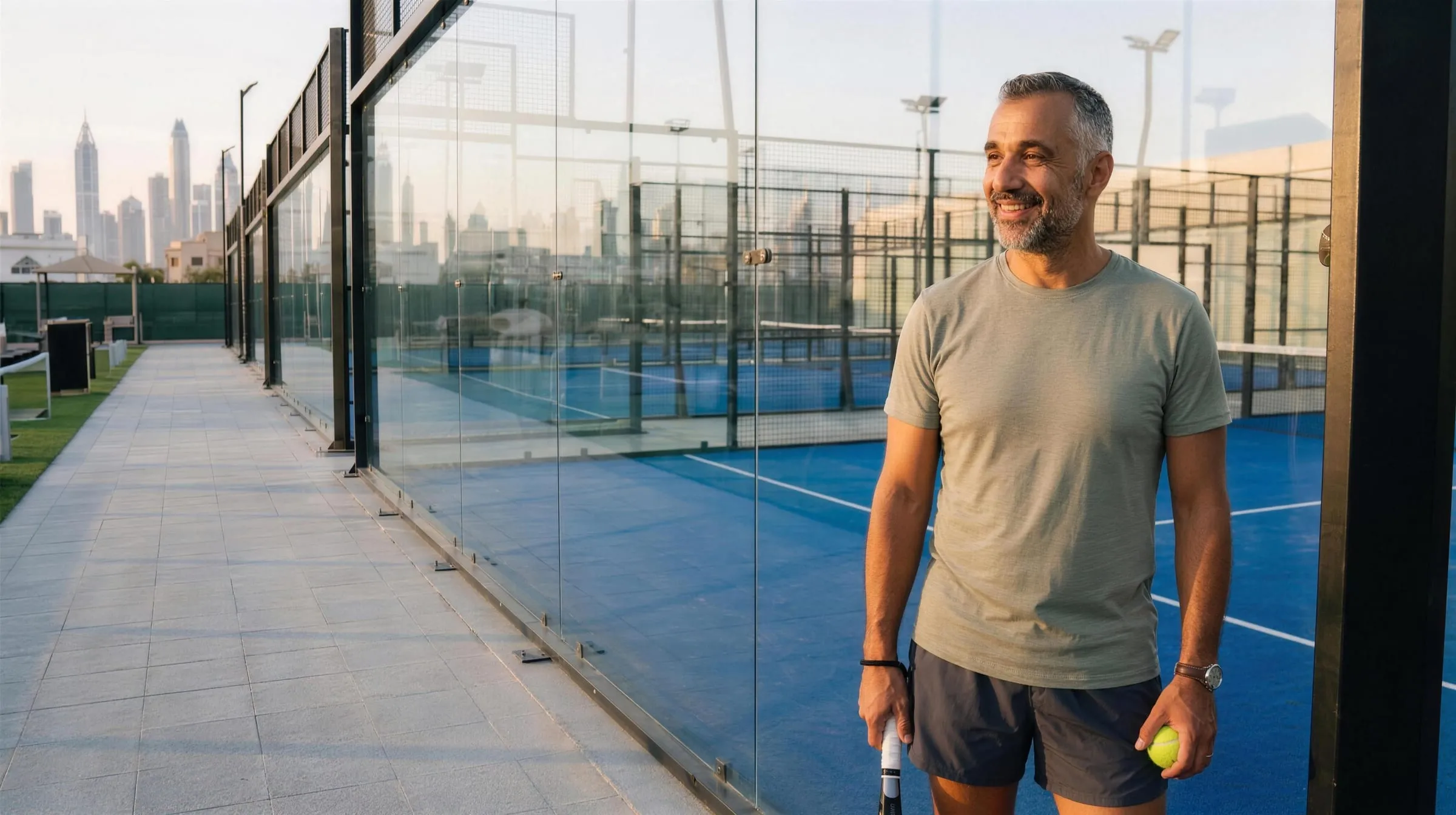 A man with a racket and ball on a Dubai padel court
