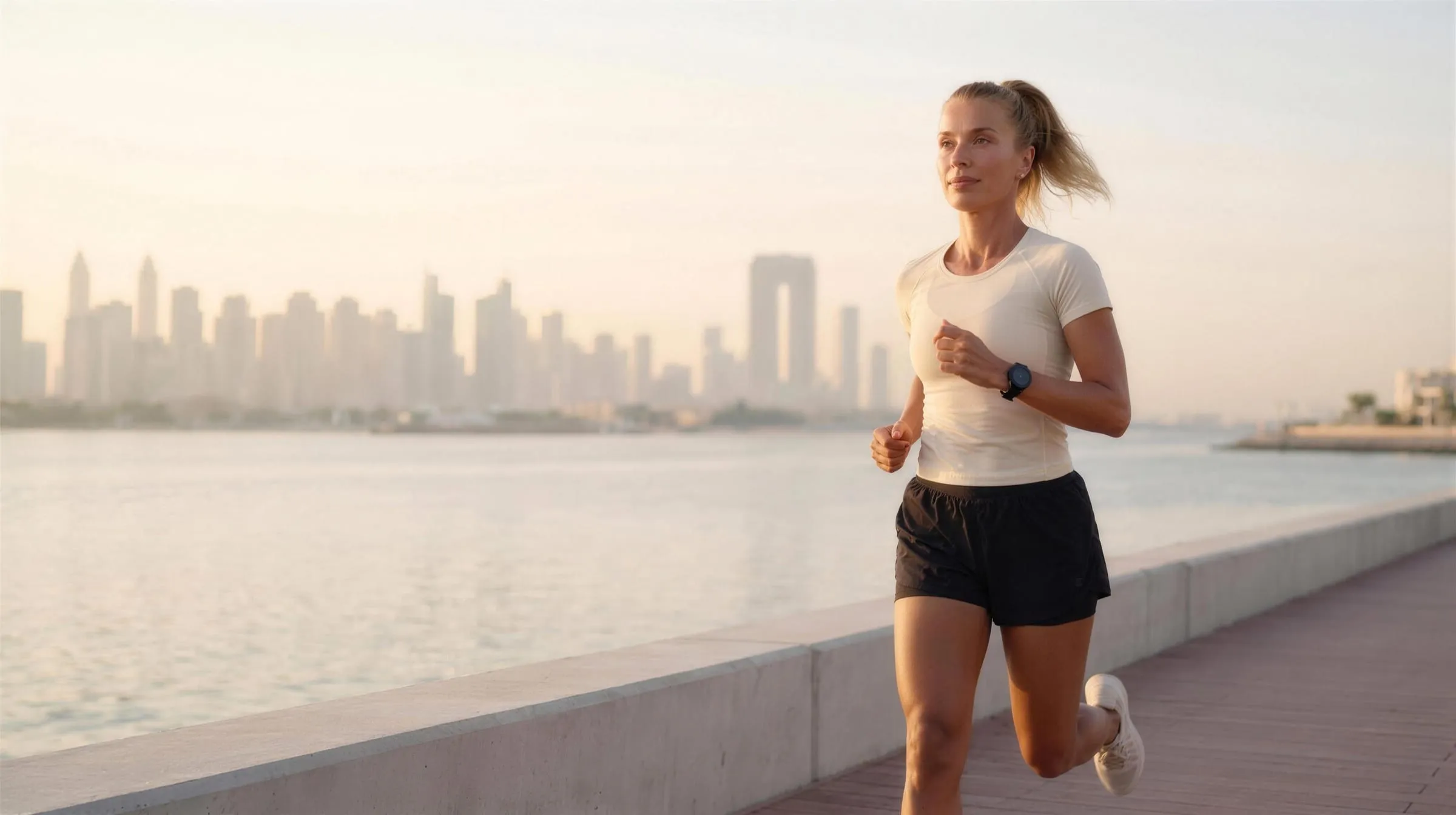 A woman running along a sunlit Dubai waterfront